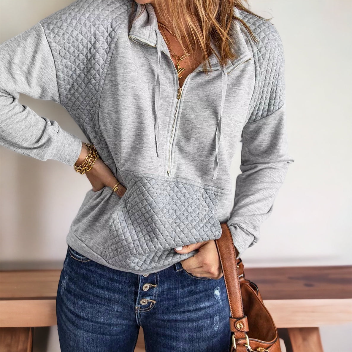 Quilted Patch Half Zipper Sweatshirt