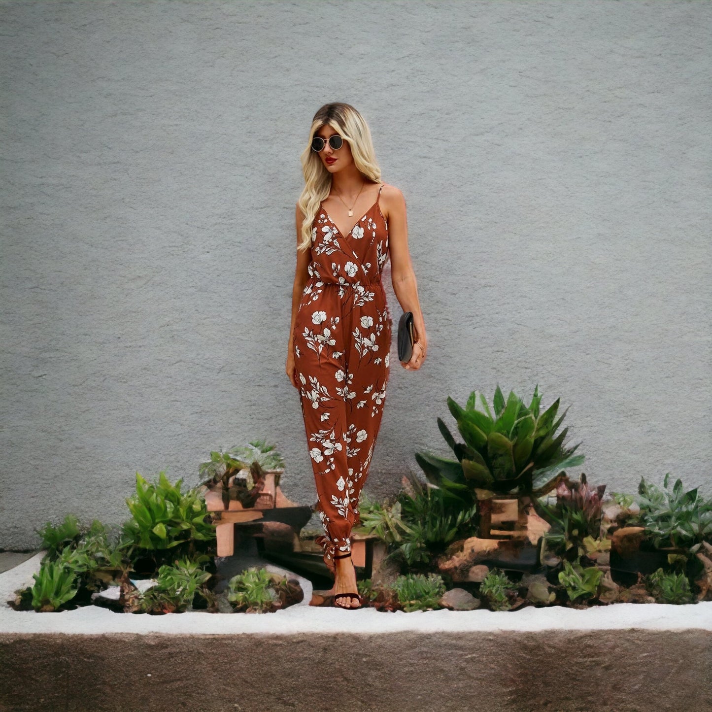 Floral V Neck Loose Jumpsuit