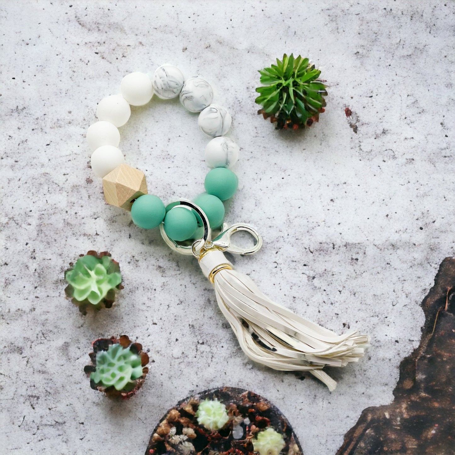 Mint and Marble Tassel Keychain Wristlet