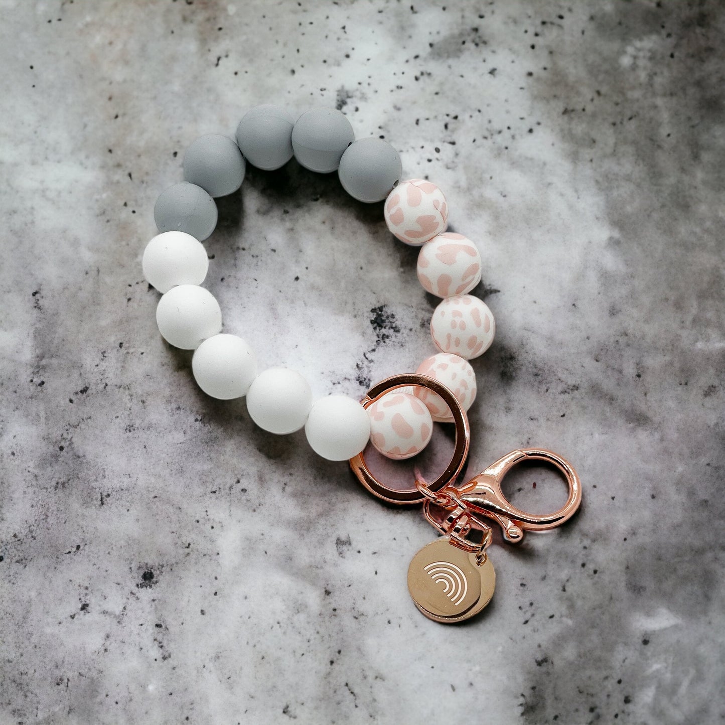 Grey and White Pink Cow Charm Keychain Wristlet