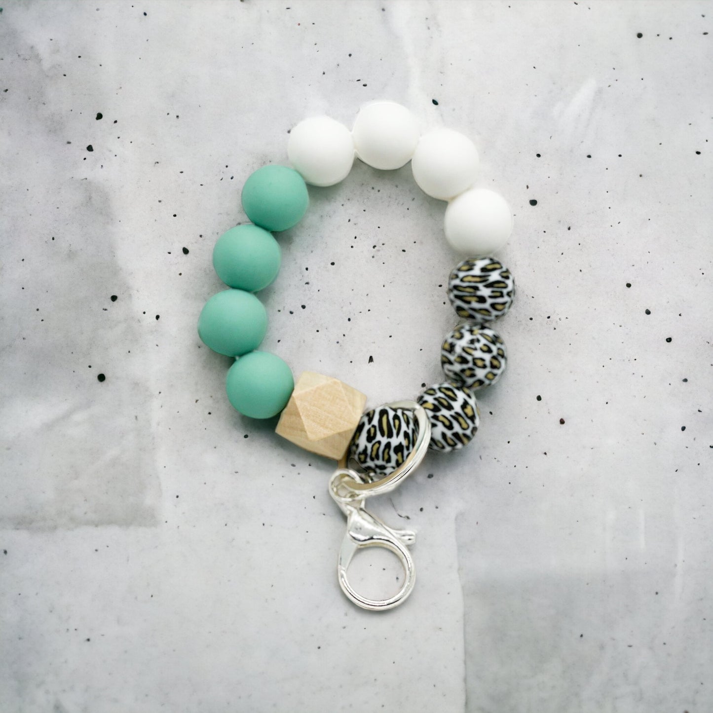 Mint and White Leopard Charm Keychain Wristlet