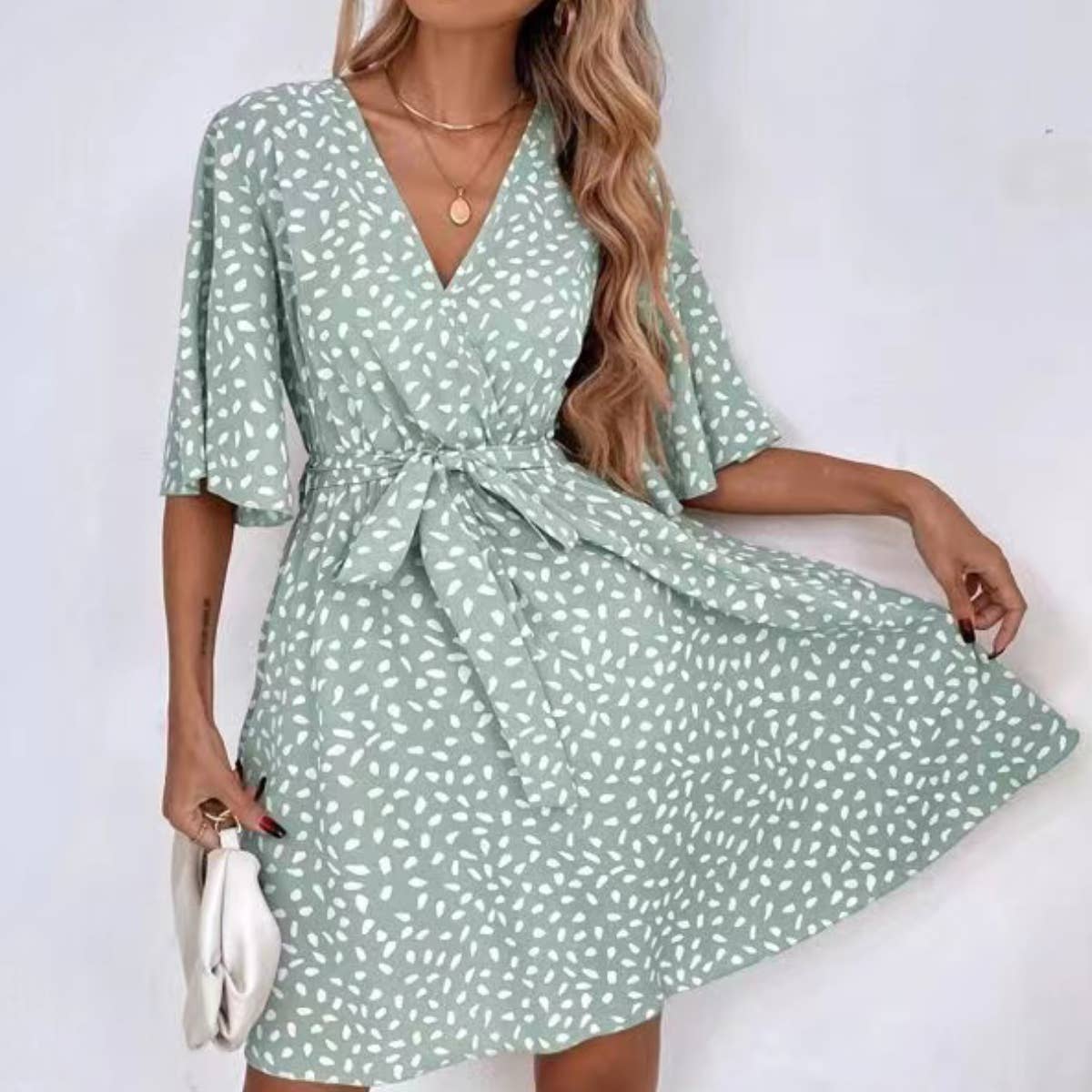 Go Wandering Drop Print V-Neck Short Sleeve Mini Dress