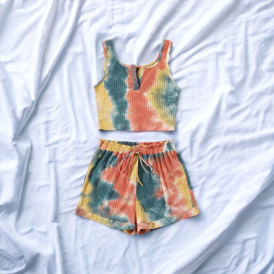 Tie Dye Rib Knit Crop Top and Shorts Set