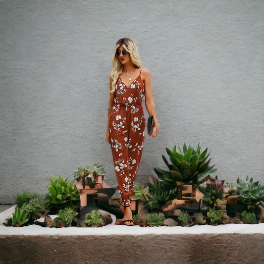 Floral V Neck Loose Jumpsuit