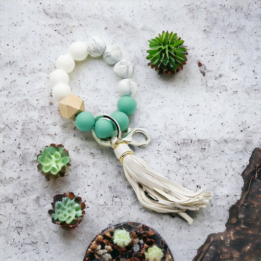 Mint and Marble Tassel Keychain Wristlet