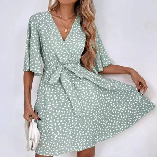 Go Wandering Drop Print V-Neck Short Sleeve Mini Dress