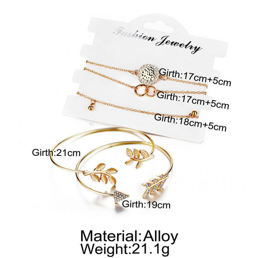 Creative Retro Arrow Leaf Circle Bracelet Set Five Piece Set